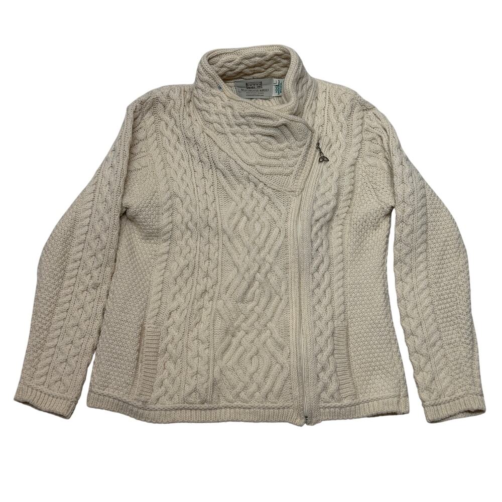 Merino Wool Fisherman Cardigan Sweater Large Beige Asymmetrical Aran Ireland